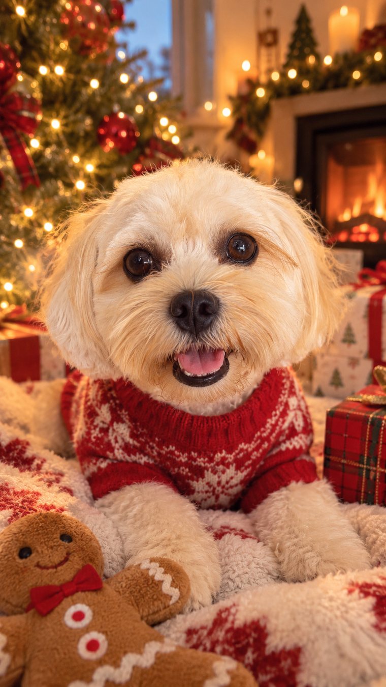Riva in a red sweater by a Christmas tree